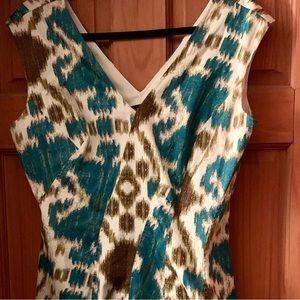 Jones of NY multi color blues & browns, white background summer dress, quality